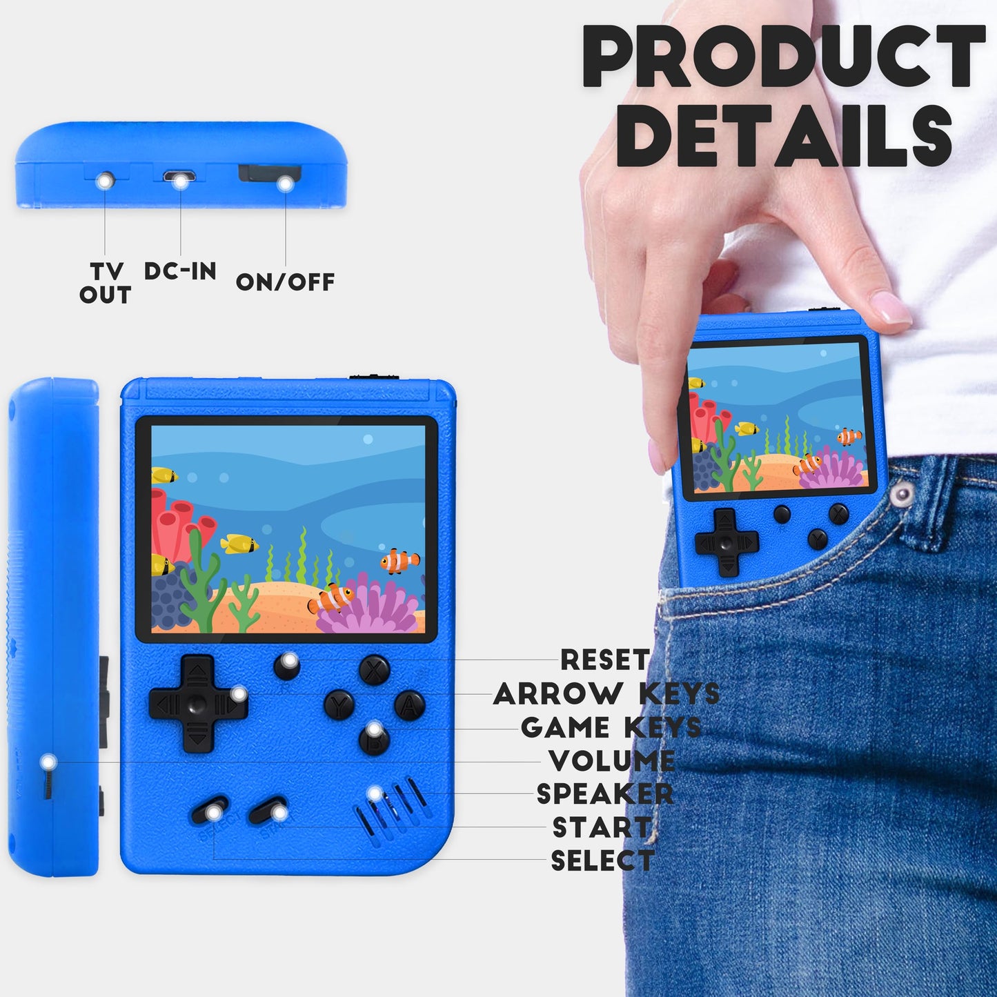 Retro Handheld Game Console,Portable Video Game Console with 500 Classic Games, 3.0 inches HD Screen, Support TV & Two Players Present for Kids & Adults Blue