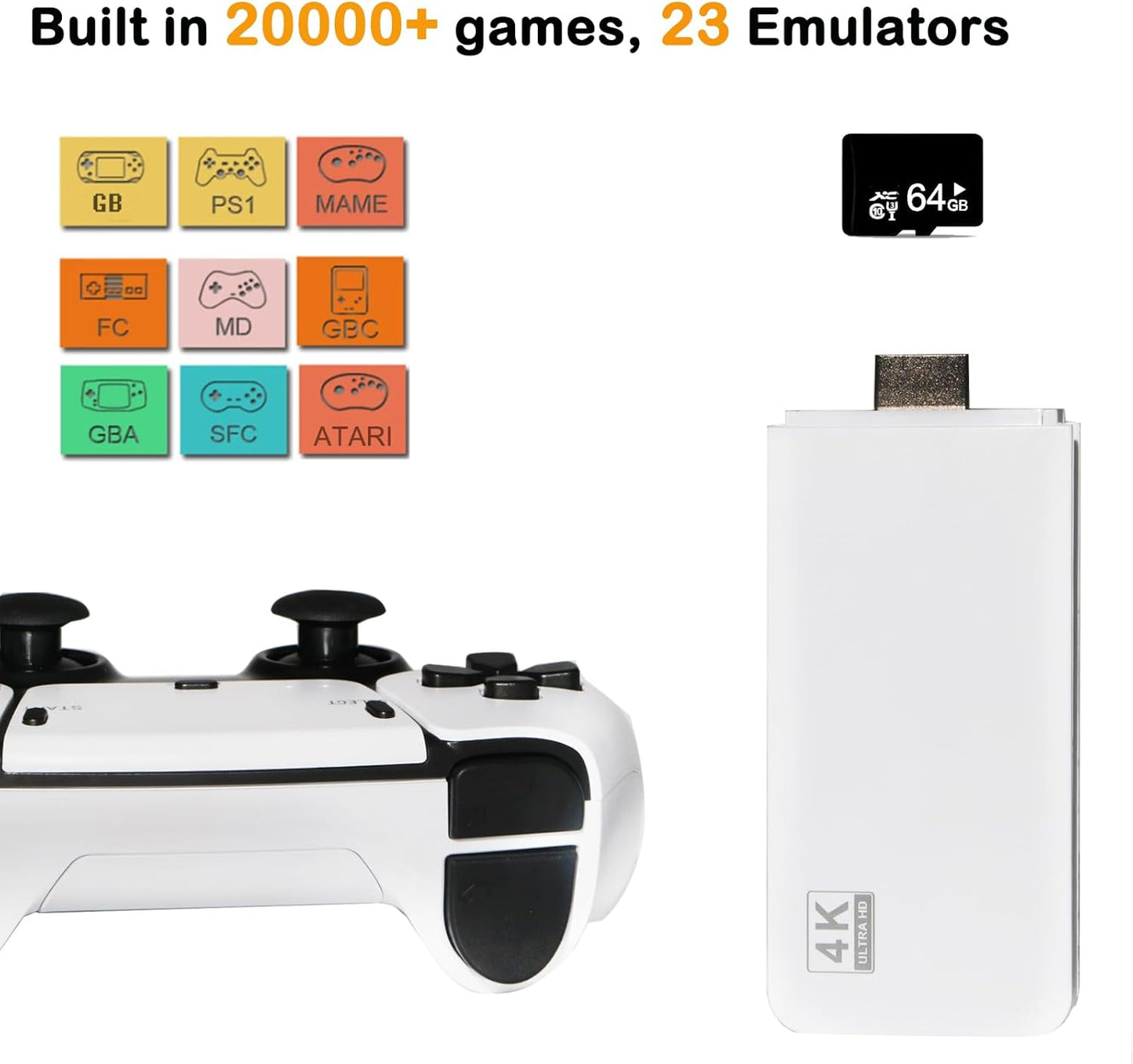 Retro Game Console, Plug and Play Video Game Console Built in 20000+ Games,23 Classic Emulators, 4K High Definition HDMI Output for TV with Dual Controllers