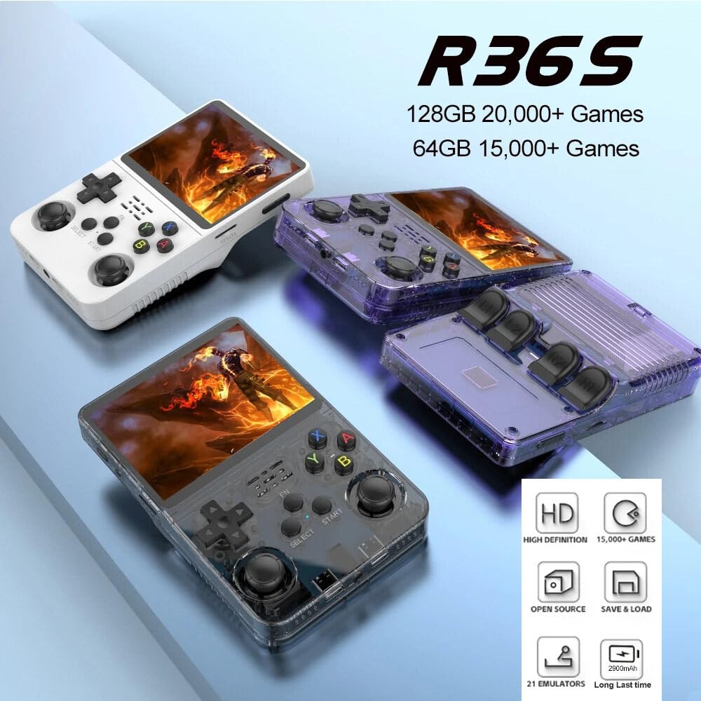 R36S Retro Handheld Game Console with 128G Built-in 20000+ Classic Games, Open Source Linux System 3.5 Inch IPS Screen Portable Pocket Video Player