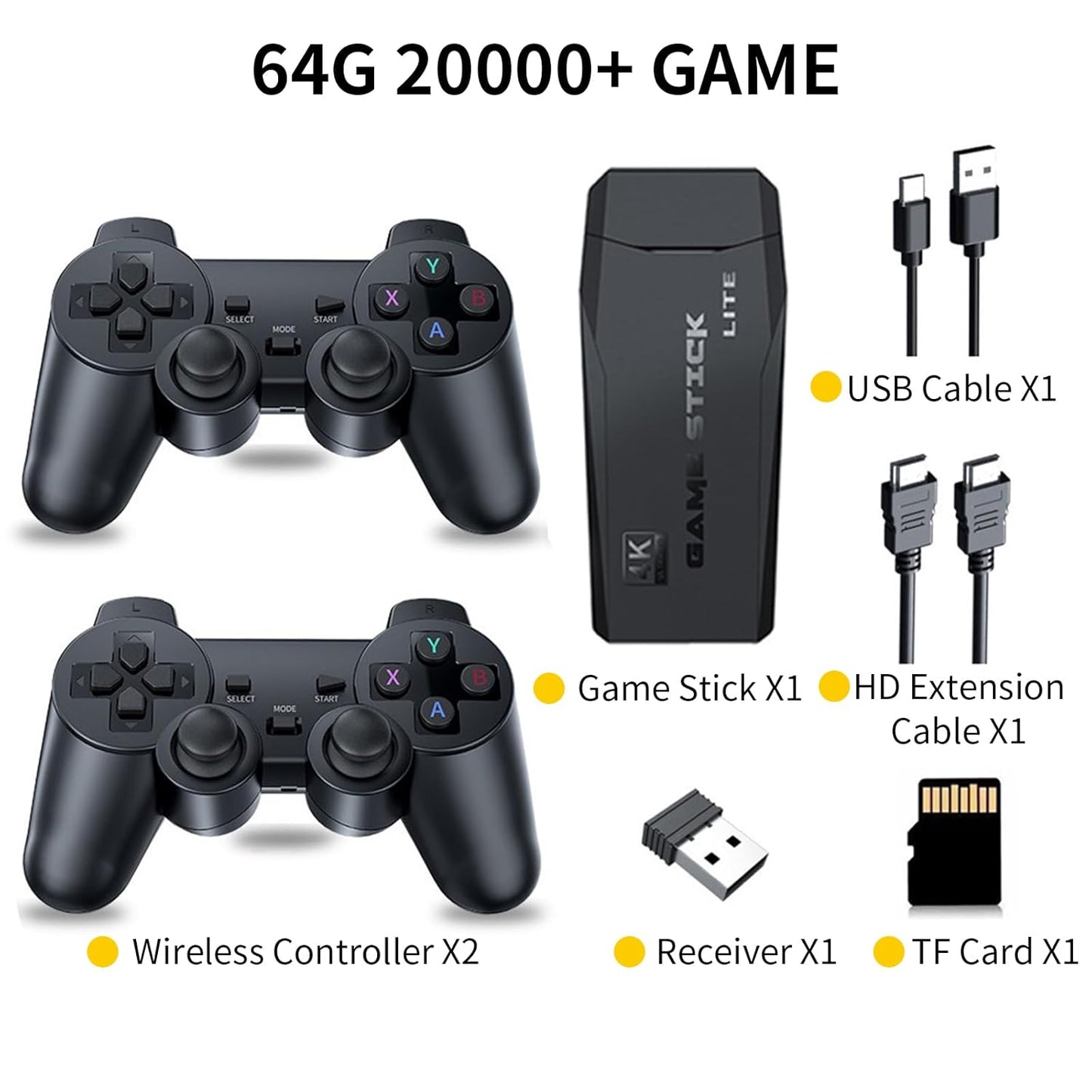 Wireless Retro Game Console Stick Built-in 20000+ Classic Games, 4K HDMI Output Nostalgia Plug & Play Retro Video Gaming Stick, Retro Game Consolewith 9 Emulators and Dual 2.4G Wireless Controller(64G)