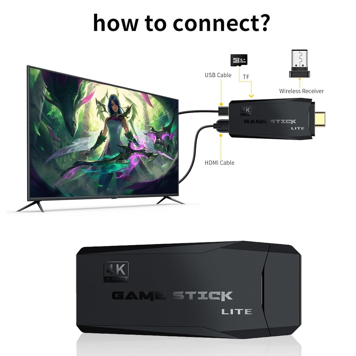 Wireless Retro Game Console Stick Built-in 20000+ Classic Games, 4K HDMI Output Nostalgia Plug & Play Retro Video Gaming Stick, Retro Game Consolewith 9 Emulators and Dual 2.4G Wireless Controller(64G)
