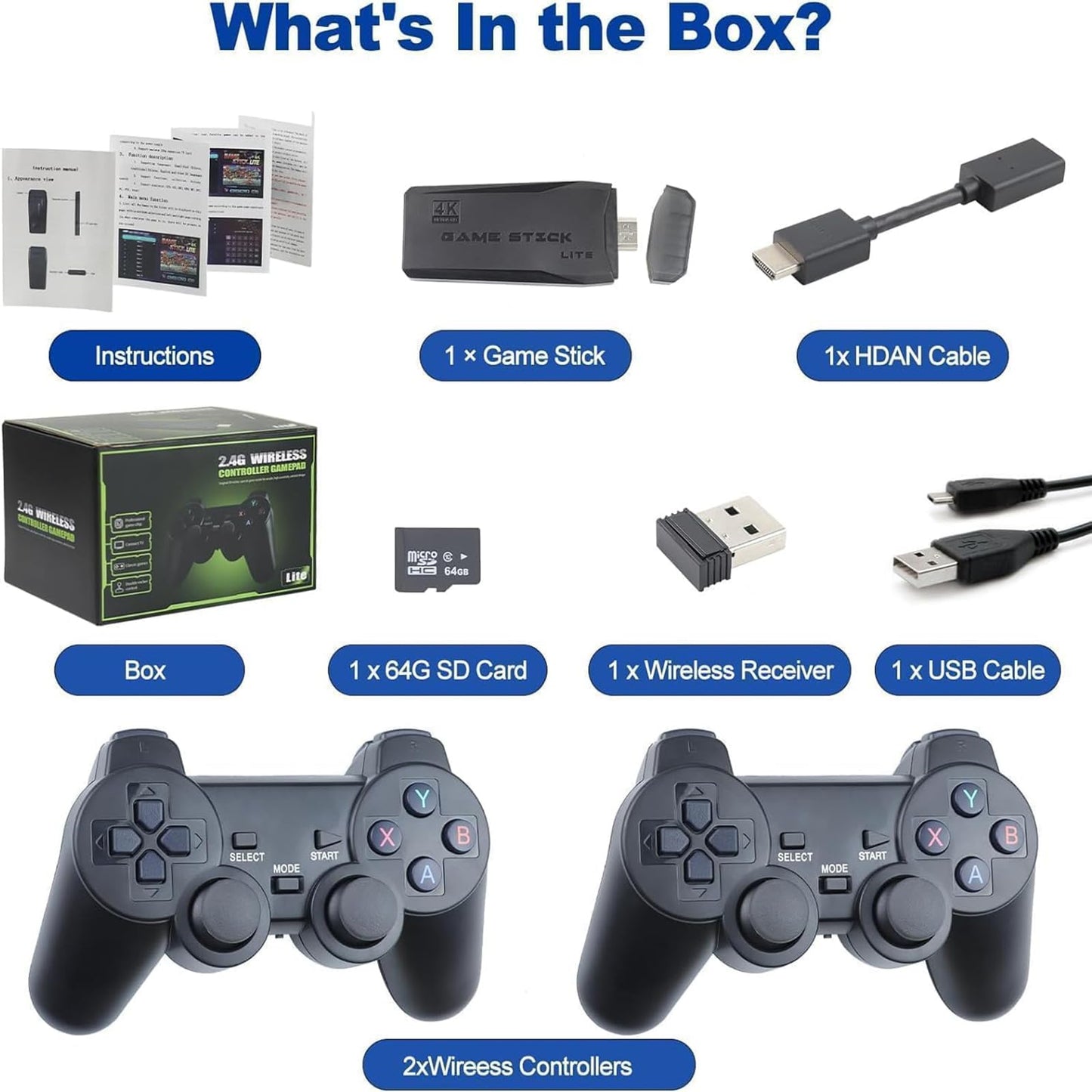 Wireless Retro Game Console Stick, Retro Game Stick 4K HDMI Output, Plug Play TV Video Gaming Stick with 20000+ Games Built-in, 2 2.4G Wireless Controllers, for Kids