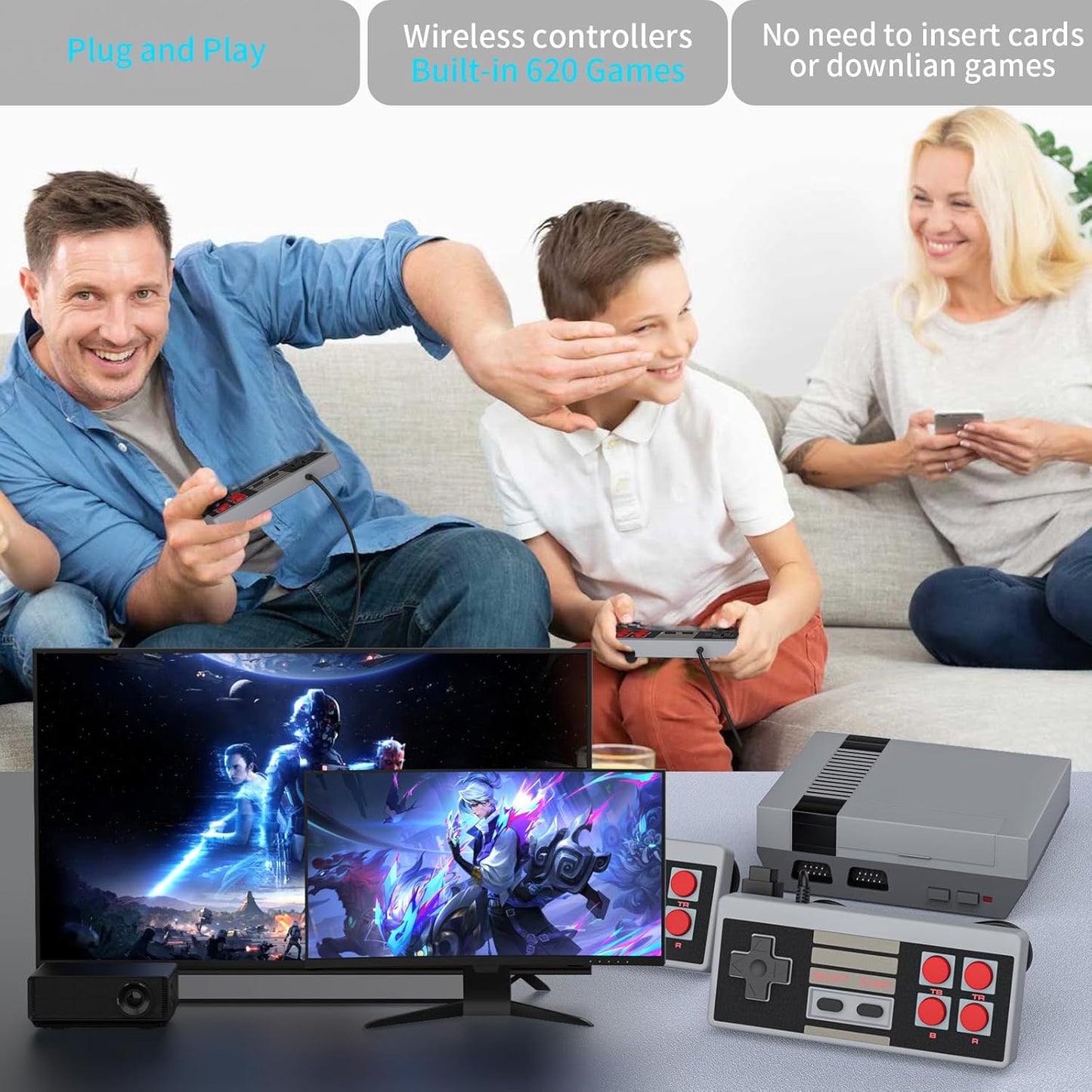 weiyuii Retro Game Console, AV Output Classic Mini Video Game Consoles Built-in with 620 Games Dual Players Mode Console with 2 Controllers Handheld Games for Kids & Adults for Christmas Birthday