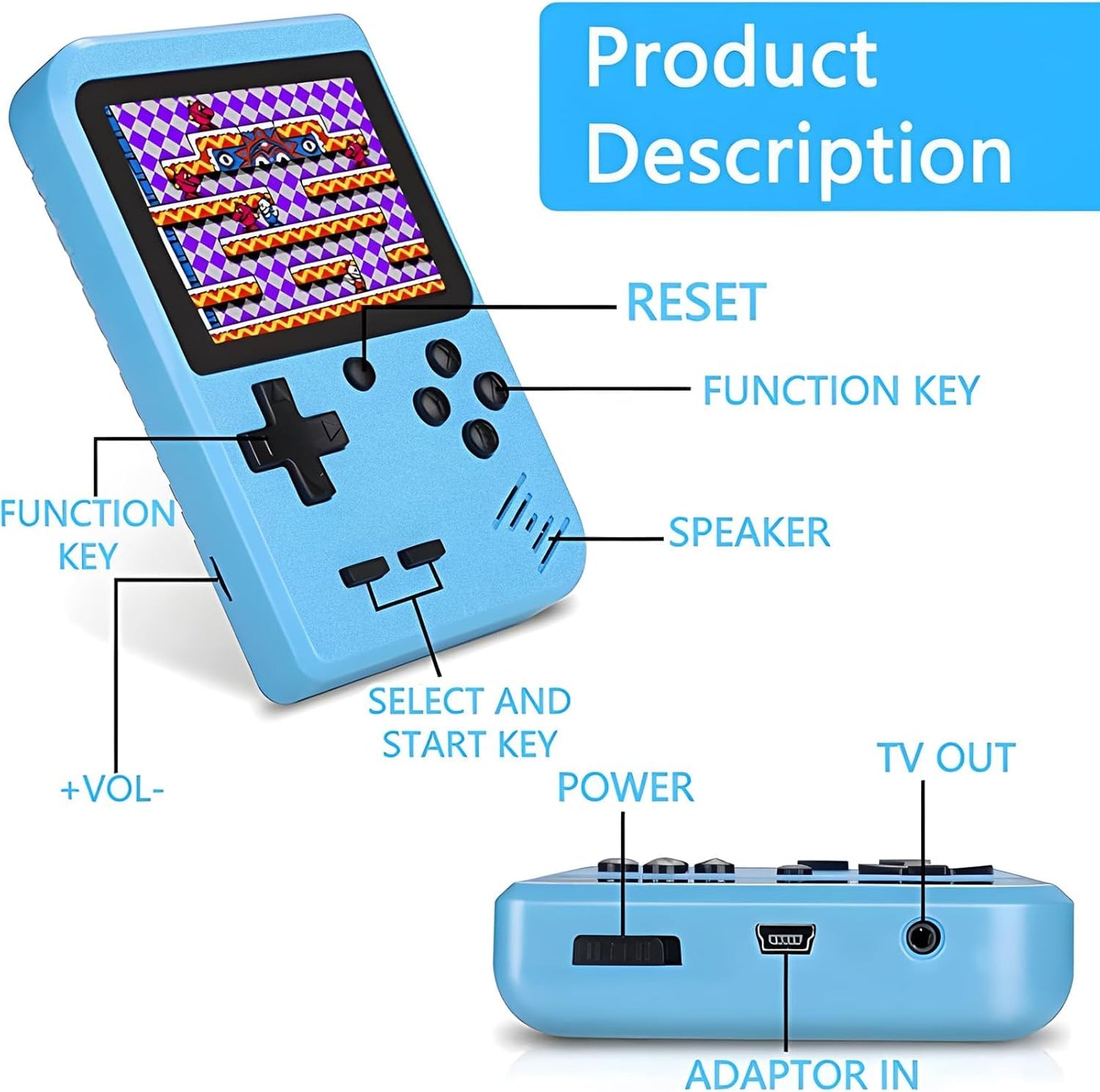 Retro Handheld Game Console, Portable Game Console with Storage Case, Retro Game Console with 800 Classic Games, Video Game Console Support TV Connection & 2 Players, Ideal as Gifts (Blue)