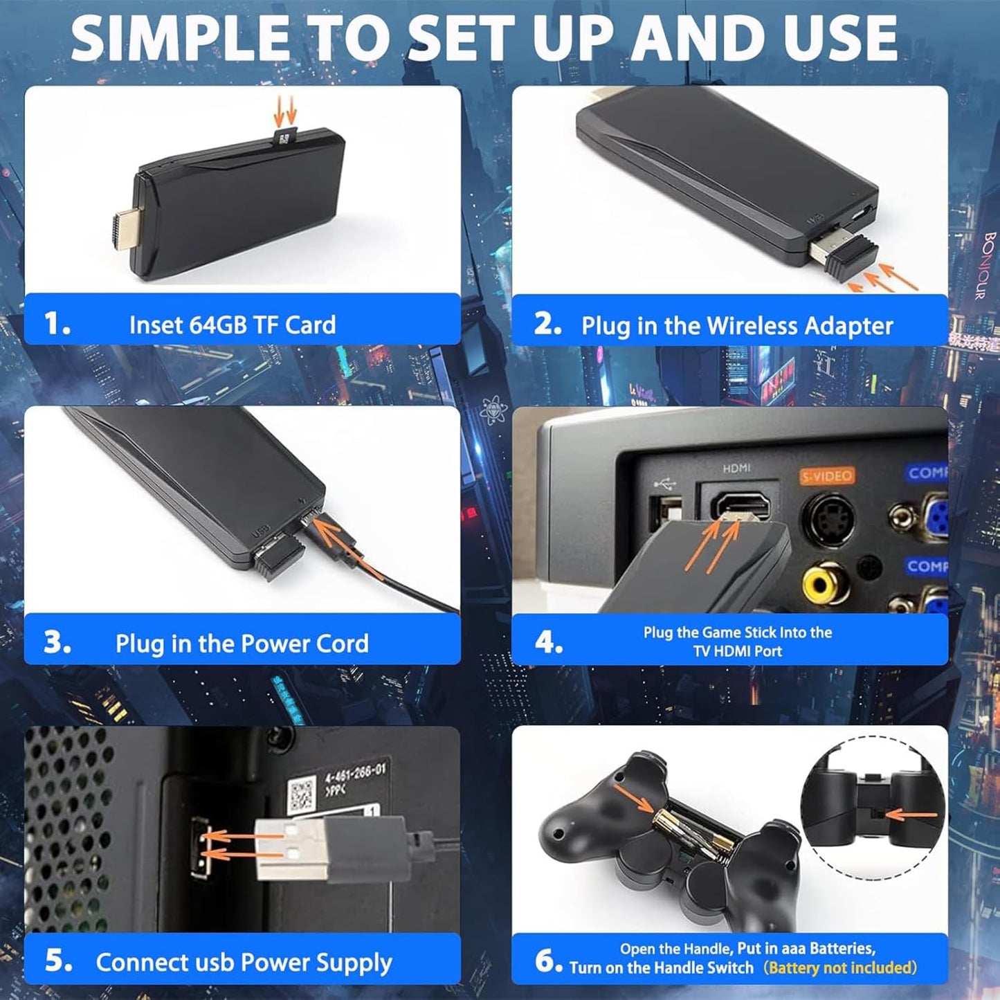 Wireless Retro Game Console Stick, Retro Game Stick 4K HDMI Output, Plug Play TV Video Gaming Stick with 20000+ Games Built-in, 2 2.4G Wireless Controllers, for Kids