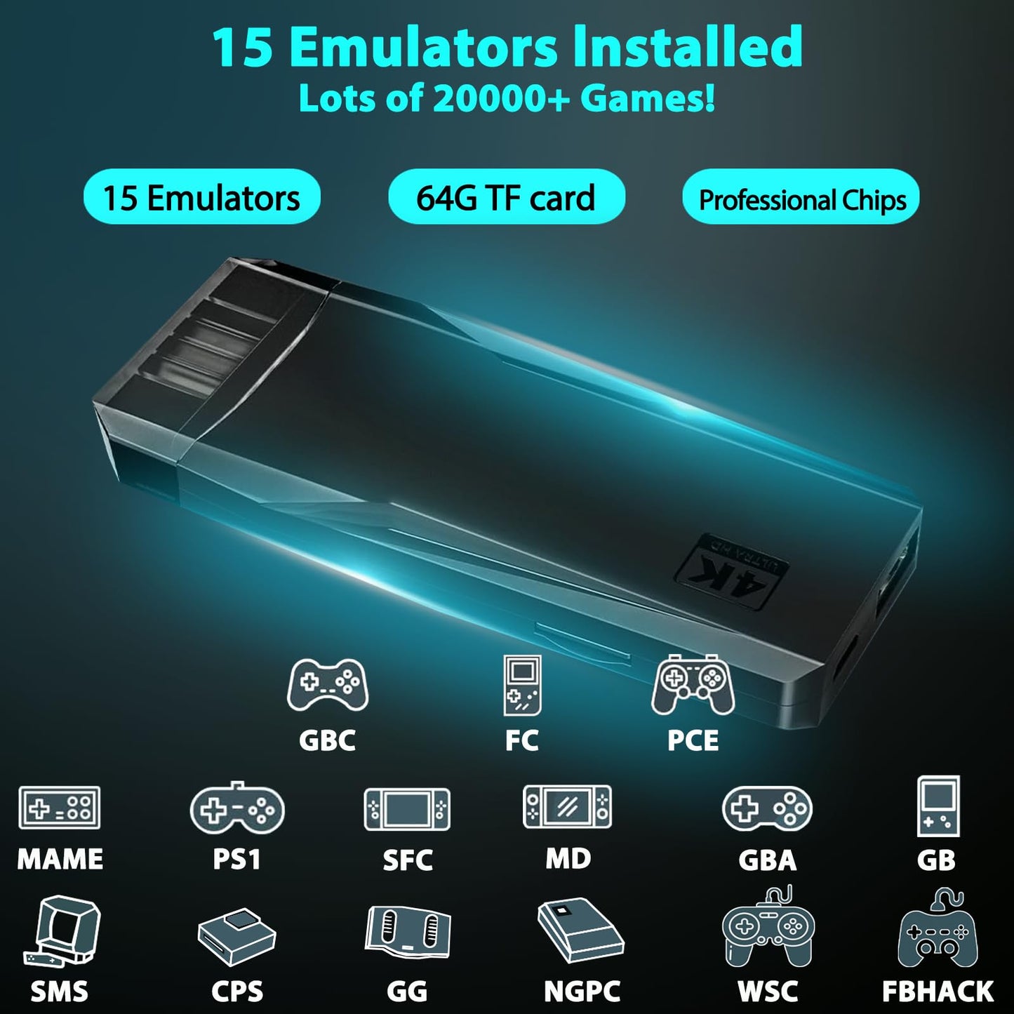 Wireless Retro Game Console Stick Built-in 20000+ Classic Games, 4K HDMI Output Nostalgia Plug & Play Retro Video Gaming Stick with 15 Emulators and Dual 2.4G Wireless Controller（64GB Memory Card）