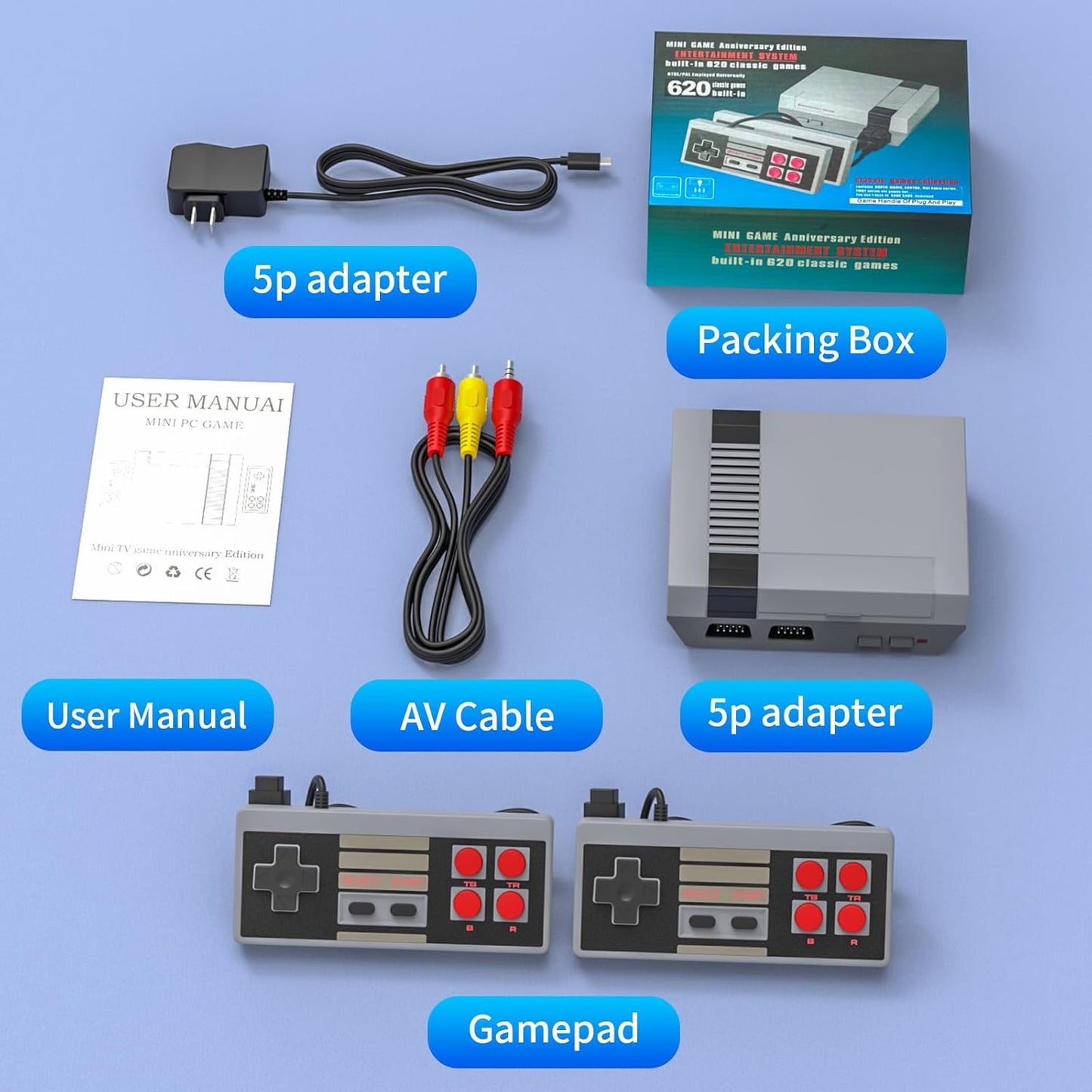 Vergissm Retro Game Console, Built-in 620 Classic Edition Games, Mini Video Game Console AV Output and Dual Game Controllers, Classic Game Console for Kids/Adults, Nostalgia Gifts for Christmas