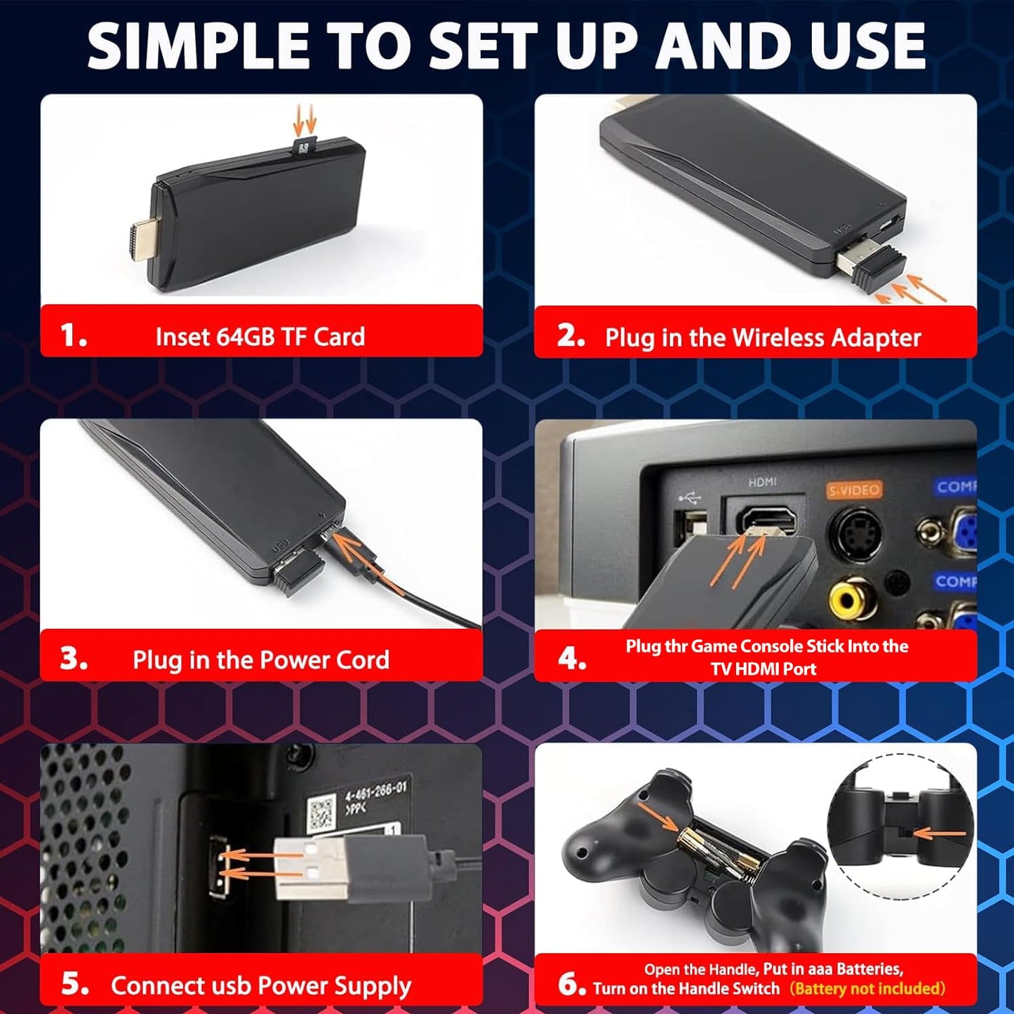ZeroStory Upgrade Wireless Retro Game Console Stick, Retro Video Game Console Stick Built in 20000+ Games with 15 Emulators, 4K HDMI Output with 2 2.4G Wireless Controllers (64GB Memory Card)