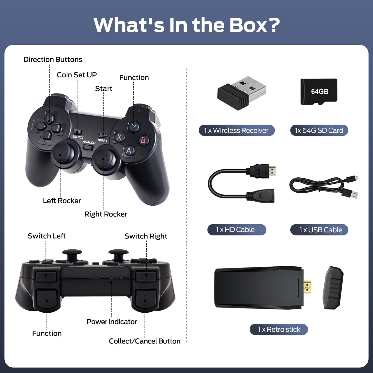 Wireless Retro Game Console, Retro Gaming Console with Built-in 9 Emulators, 20000+Games, 4K HDMI Output, Dual 2.4GHz Wireless Controller, Plug and Play Video Game Console