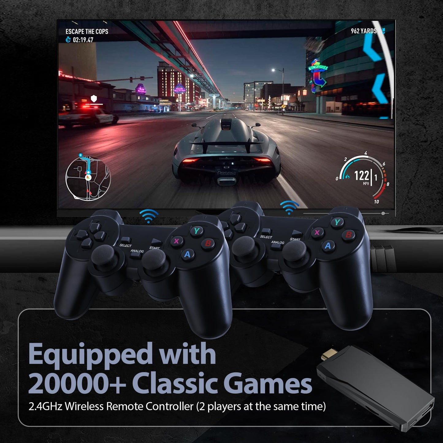Wireless Retro Game Console, Retro Gaming Console with Built-in 9 Emulators, 20000+Games, 4K HDMI Output, Dual 2.4GHz Wireless Controller, Plug and Play Video Game Console