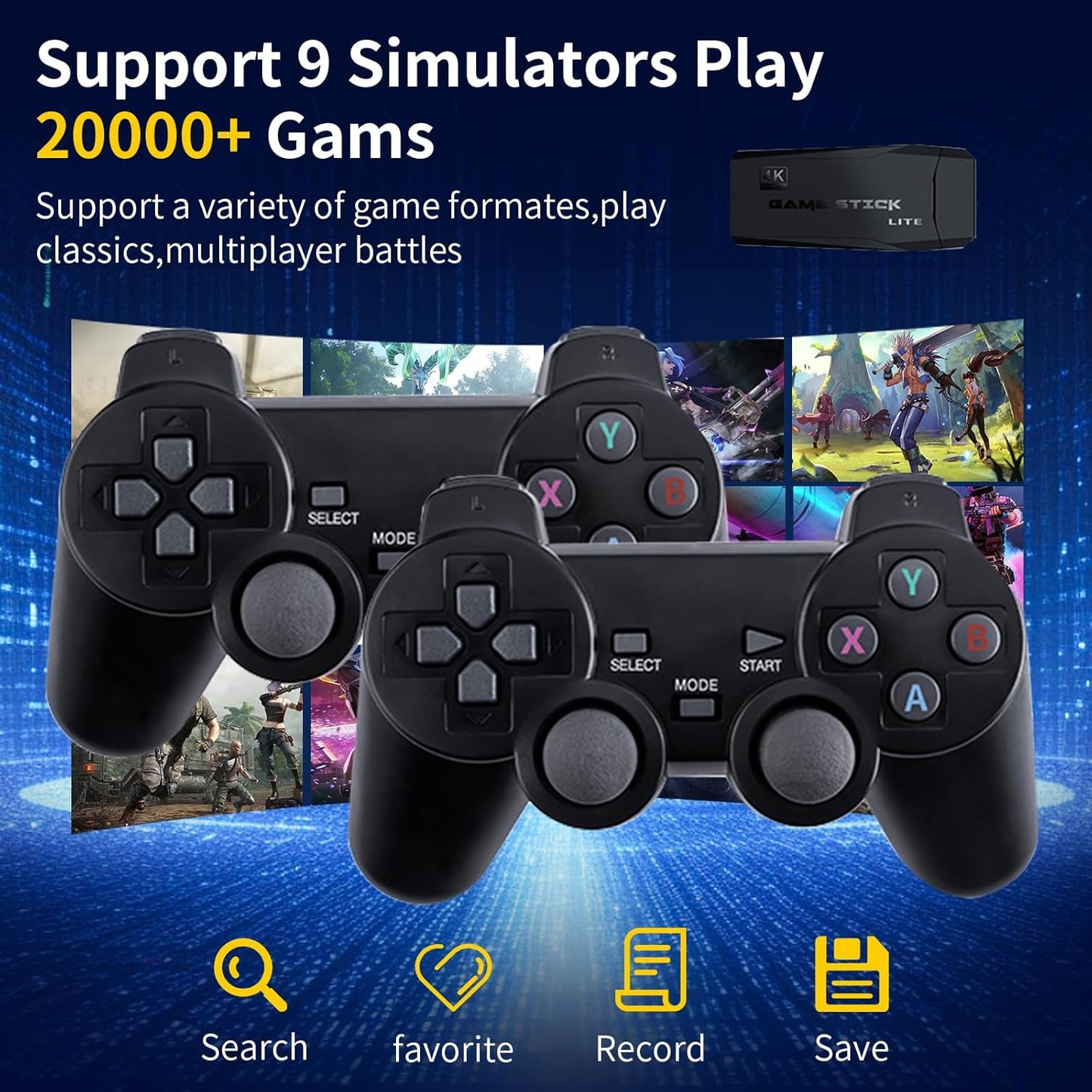 Wireless Retro Game Console Stick Built-in 20000+ Classic Games, 4K HDMI Output Nostalgia Plug & Play Retro Video Gaming Stick, Retro Game Consolewith 9 Emulators and Dual 2.4G Wireless Controller(64G)