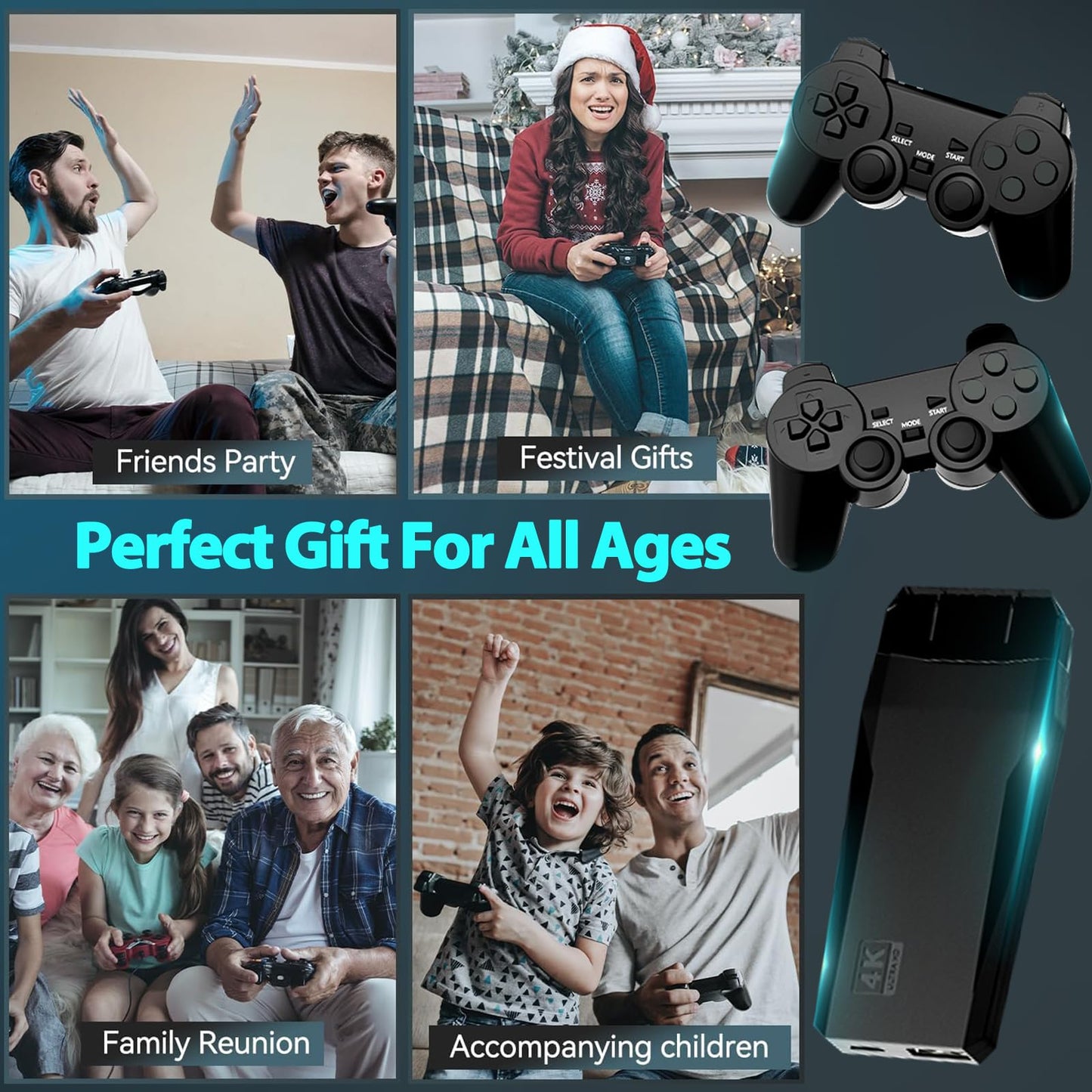 Wireless Retro Game Console Stick Built-in 20000+ Classic Games, 4K HDMI Output Nostalgia Plug & Play Retro Video Gaming Stick with 15 Emulators and Dual 2.4G Wireless Controller（64GB Memory Card）